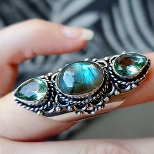 New Labradorite & Tsavorite 925 Silver Statement Ring.